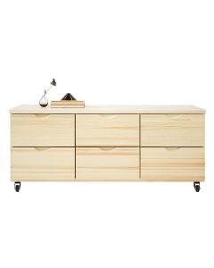 Mäntylaatikosto, kuusi laatikkoa, pyörät